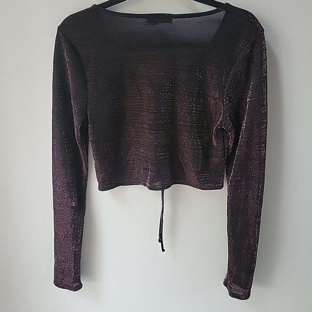 Urban Outfitters Y2k Vneck Sparkle Striped Metallic Tie Front Long Sleeve Top L - Picture 5 of 9
